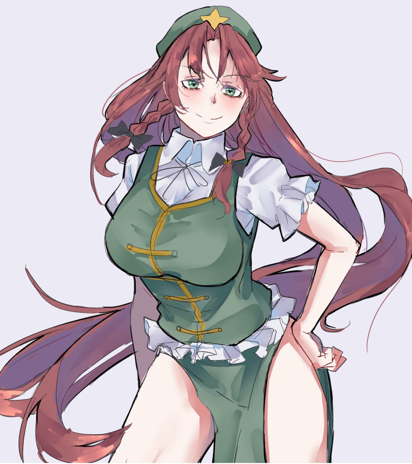 1girl, braid, breasts, closed_mouth, collared_shirt, cowboy_shot, green_eyes, green_headwear