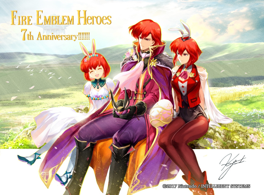 1boy, 2girls, anniversary, black_gloves, brother_and_sister, cape, capelet, closed_eyes