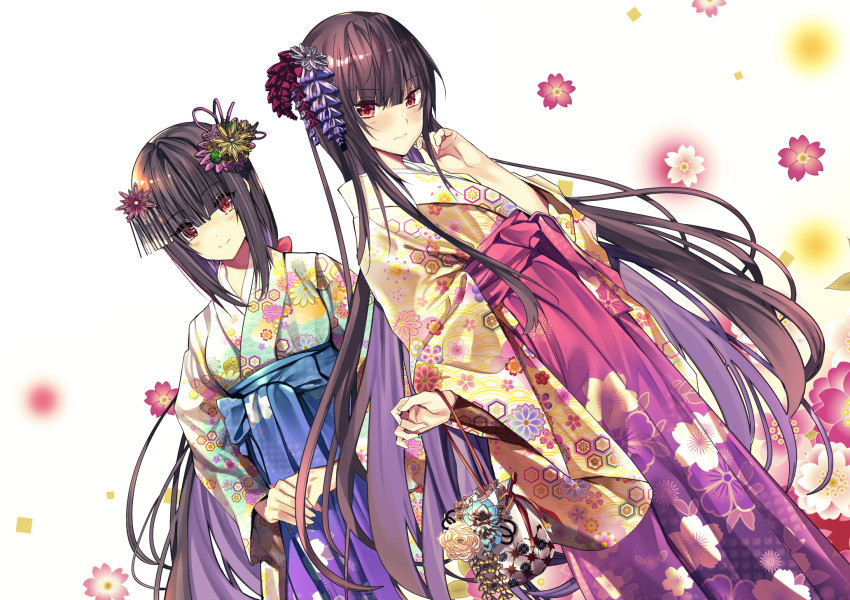2girls, 3:, black_hair, blue_hakama, floral_print, flower, gradient_hakama, green_kimono