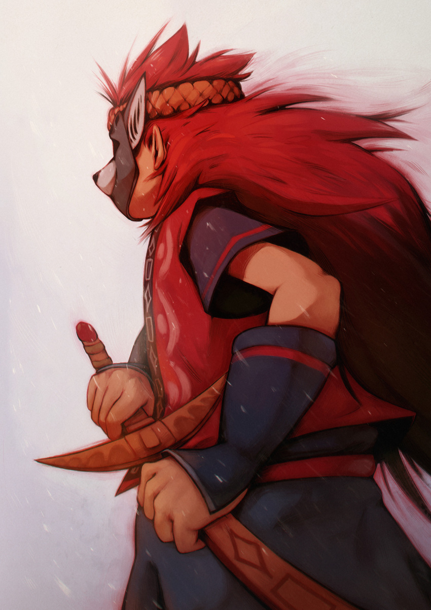 1boy, commentary, dog_mask, drawing_sword, english_commentary, from_side, highres, holding