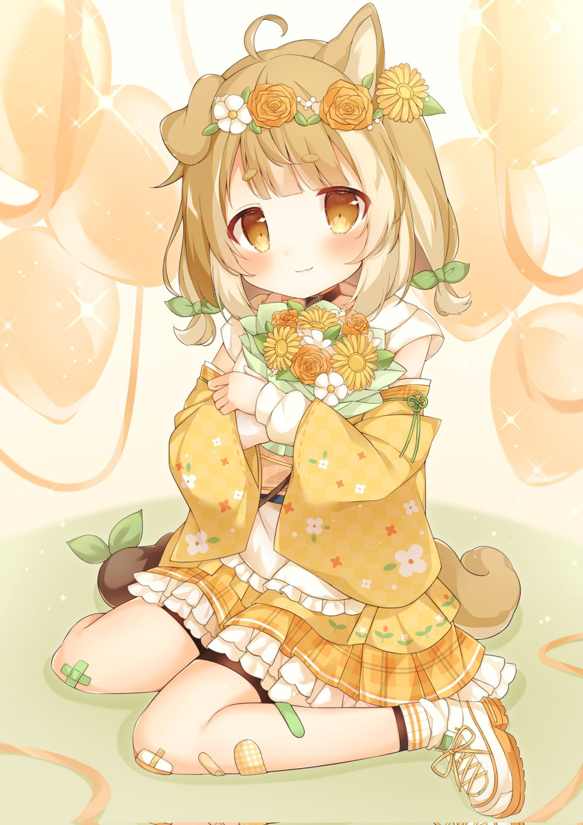 1girl, ahoge, animal_ears, bandages, blonde_hair, blunt_bangs, blush, bow