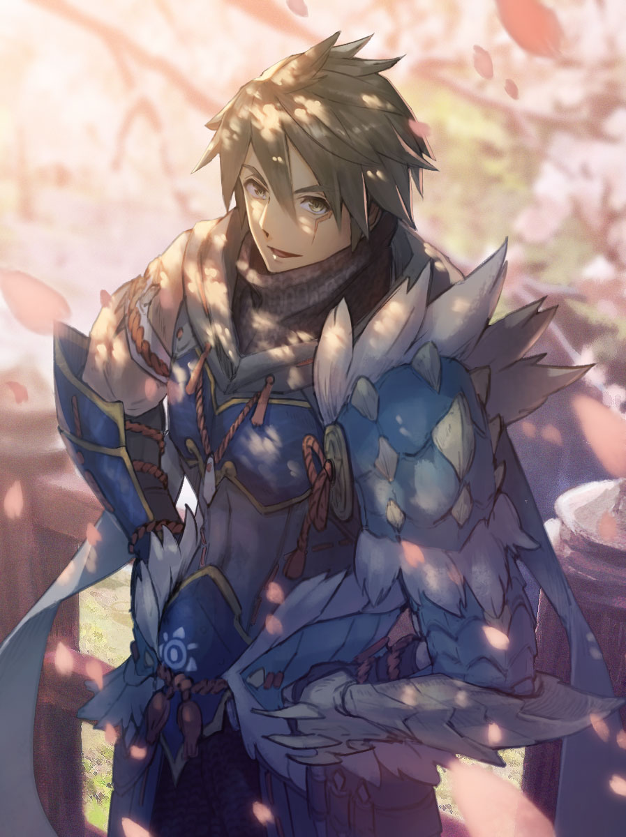 1boy, armor, brown_eyes, brown_hair, chainmail, cherry_blossoms, cowboy_shot, grass