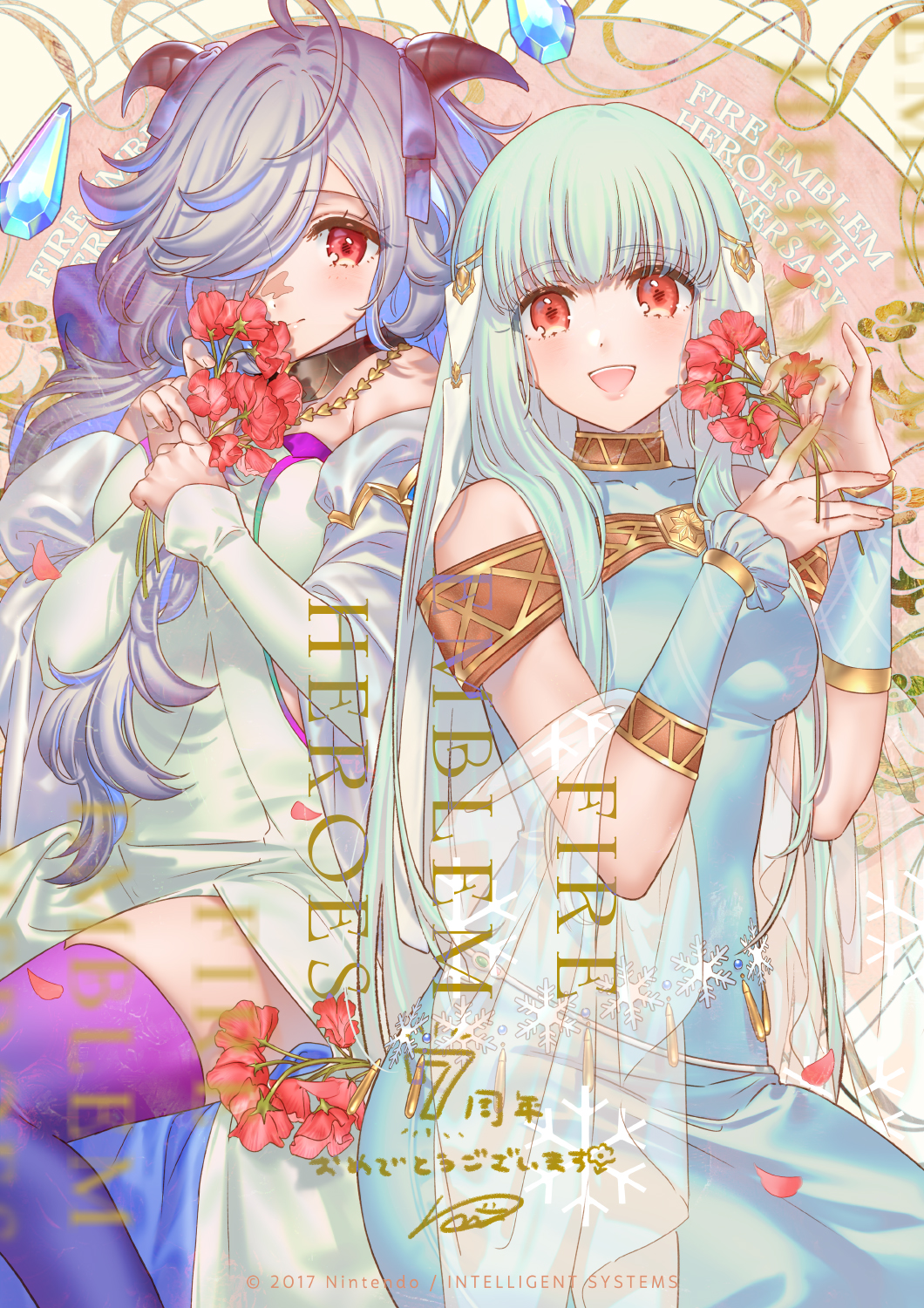 ahoge, anniversary, bare_shoulders, blue_hair, blush, breasts, collar, dress