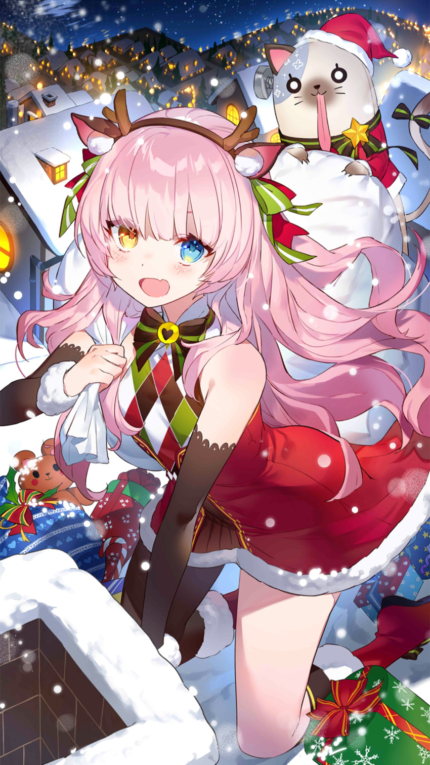 1girl, :d, animal_ears, ankle_boots, antlers, arm_support, arm_warmers, asymmetrical_legwear