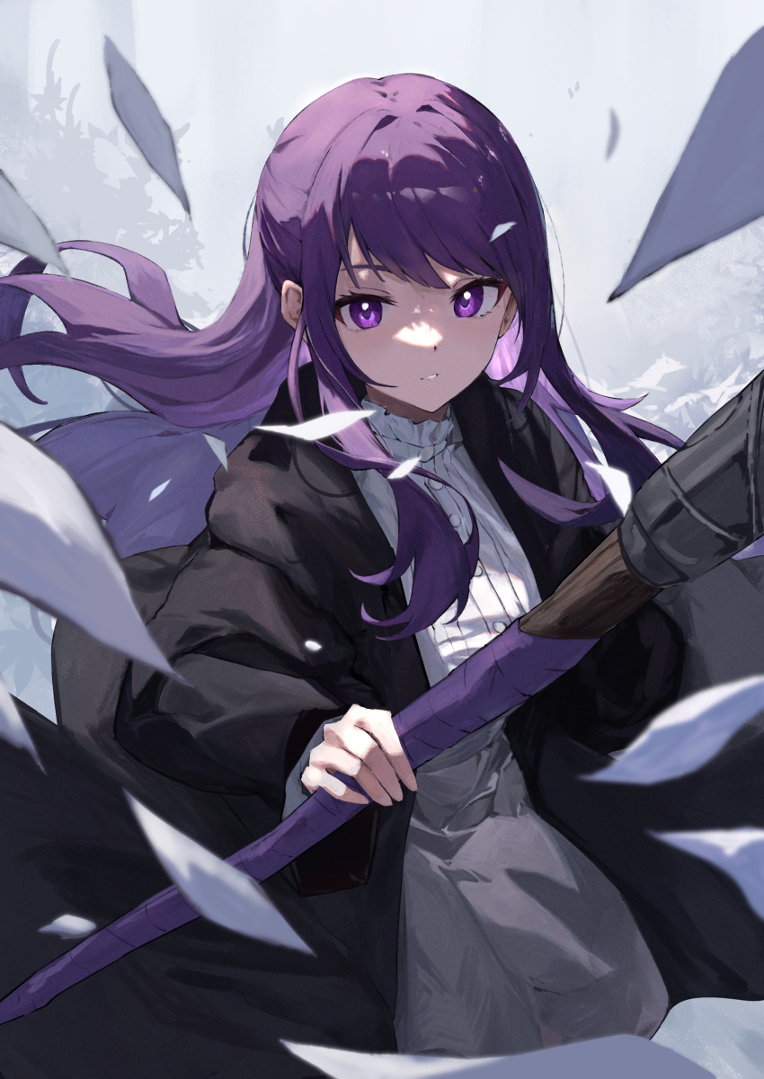 1girl, absurdres, black_coat, buttons, coat, collar, commentary, cowboy_shot