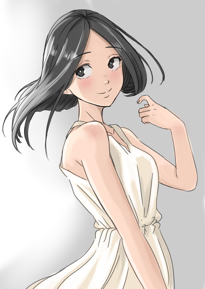 1girl, absurdres, bare_shoulders, black_eyes, black_hair, collarbone, dress, floating_hair, from_side, gradient_background, grey_background, hakuino_hakase, highres, looking_to_the_side, medium_hair, original, sleeveless, sleeveless_dress, smile, solo, sundress, white_dress