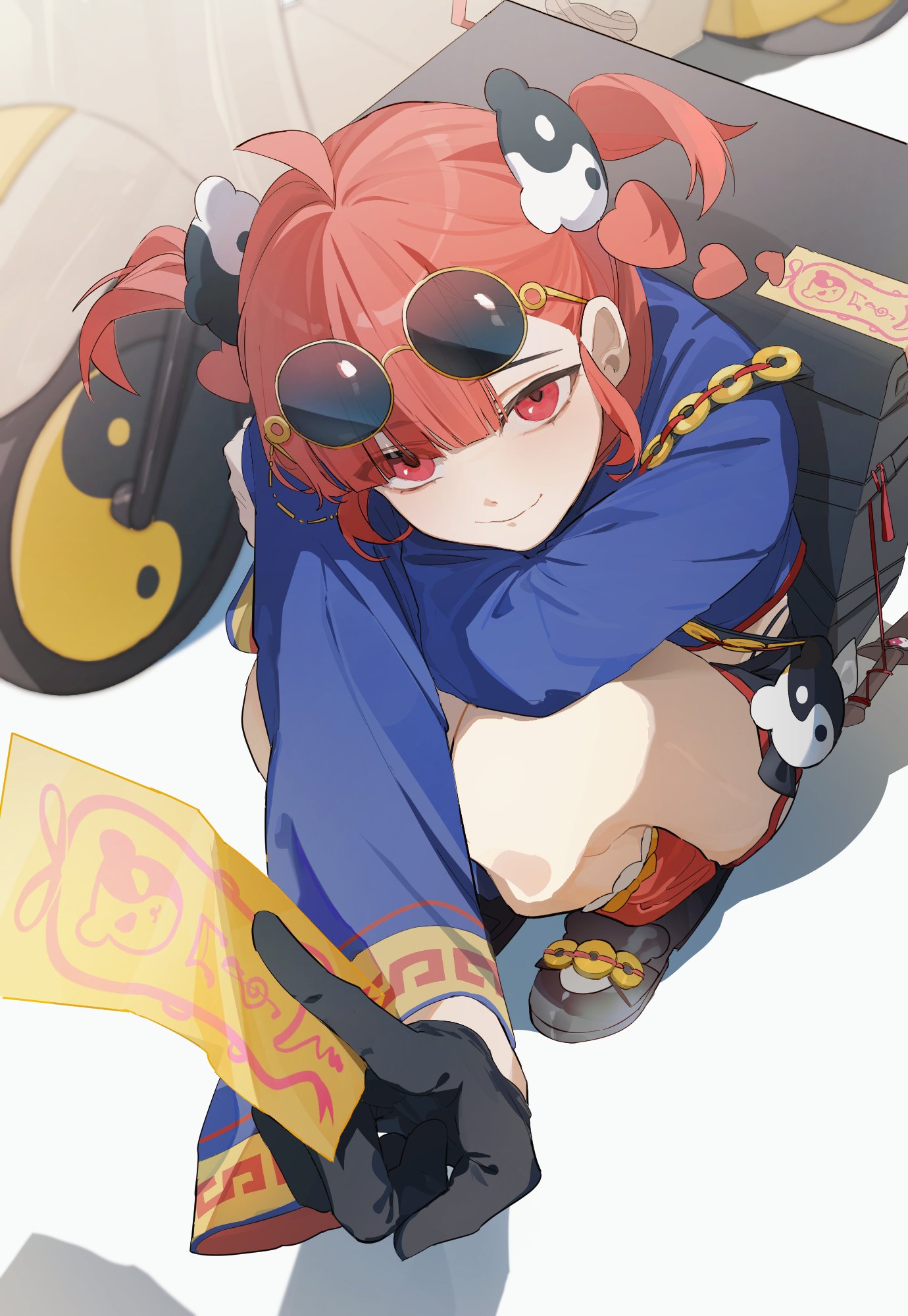 1girl, black_footwear, black_gloves, buro_(muse_dash), chinese_clothes, cjsdh1000, closed_mouth, eyewear_on_head