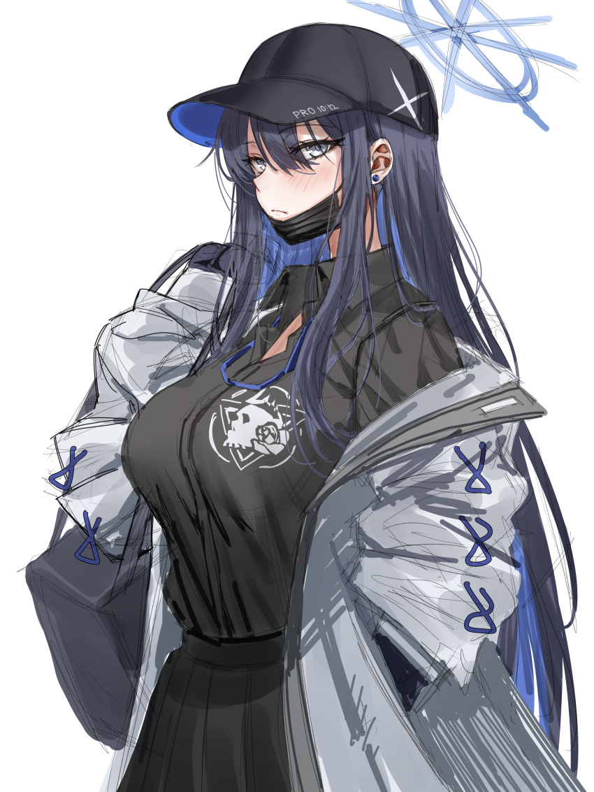 1girl, absurdres, alternate_costume, baseball_cap, black_gloves, black_hair, black_shirt, black_skirt