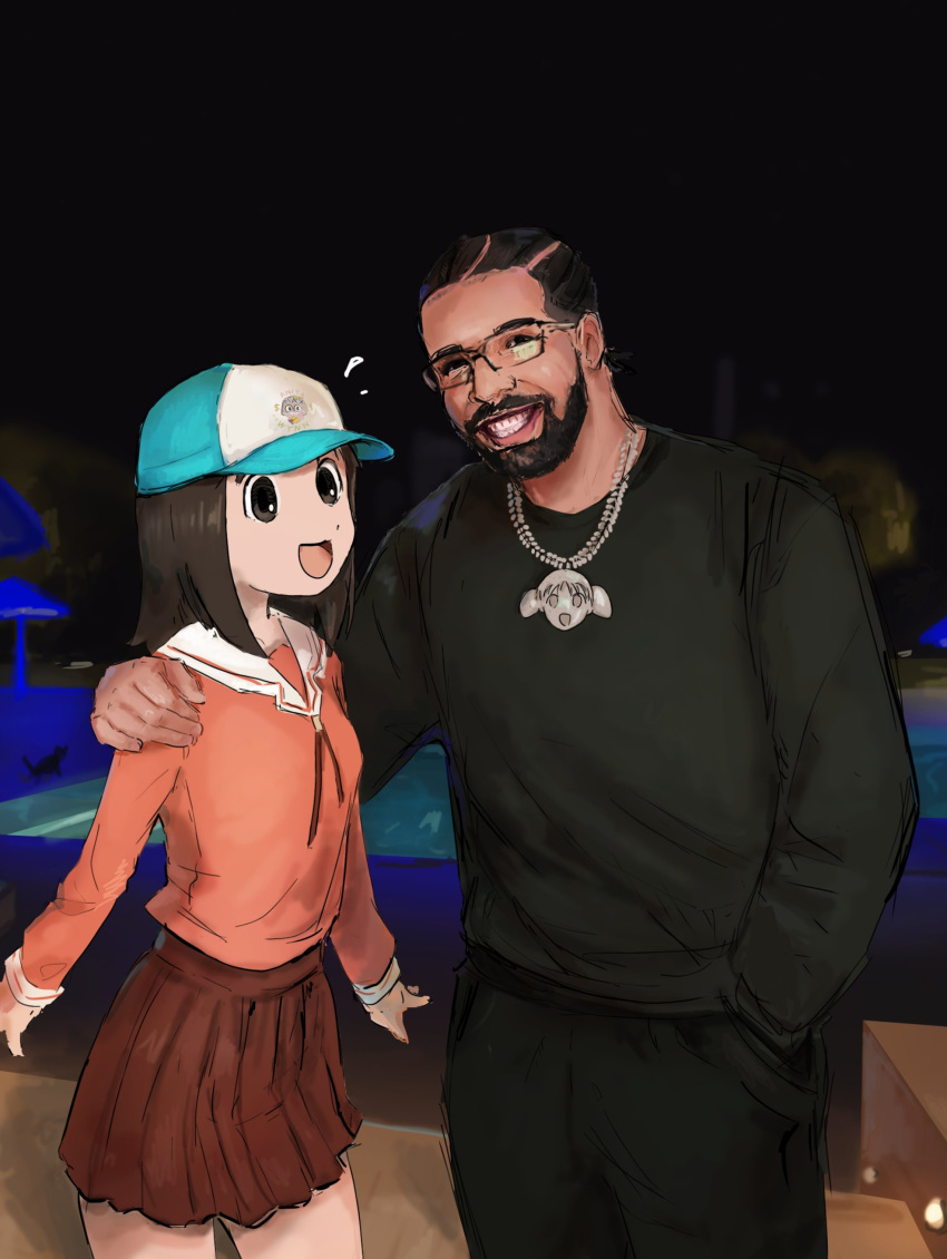1boy, 1girl, absurdres, azumanga_daioh, drake_(rapper), hat, highres, jewelry