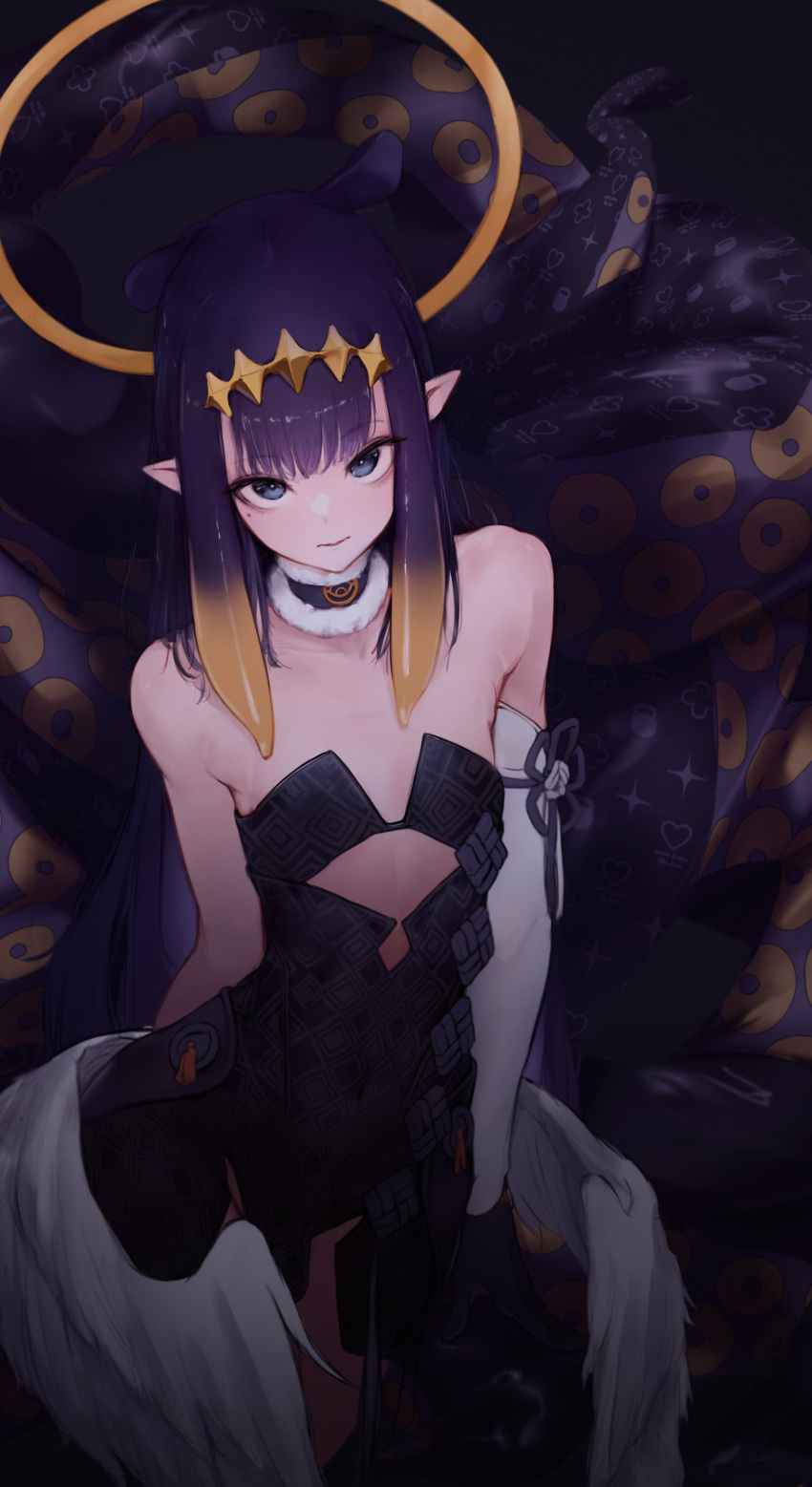 1girl, absurdres, armpit_crease, bags_under_eyes, bare_shoulders, black_eyeliner, blunt_bangs, breasts