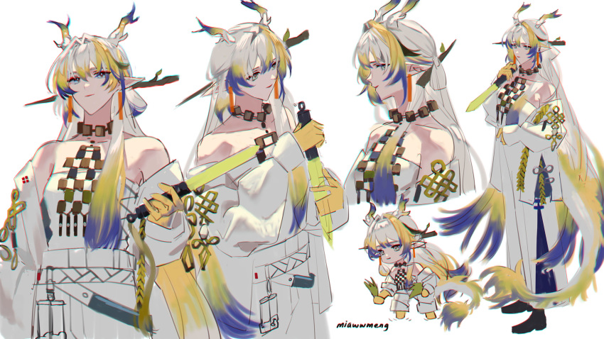 1girl, arknights, artist_name, bare_shoulders, blonde_hair, blue_eyes, breasts, dragon_girl