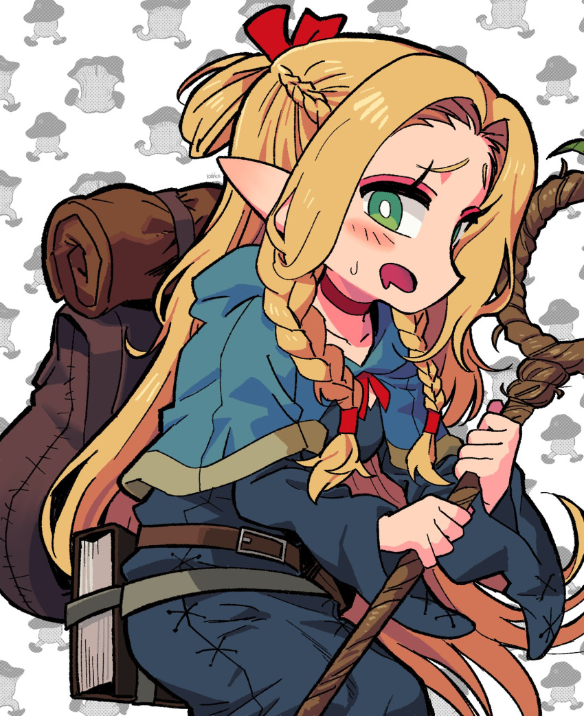 1girl, belt_pouch, blonde_hair, blue_capelet, brown_bag, capelet, dungeon_meshi, elf