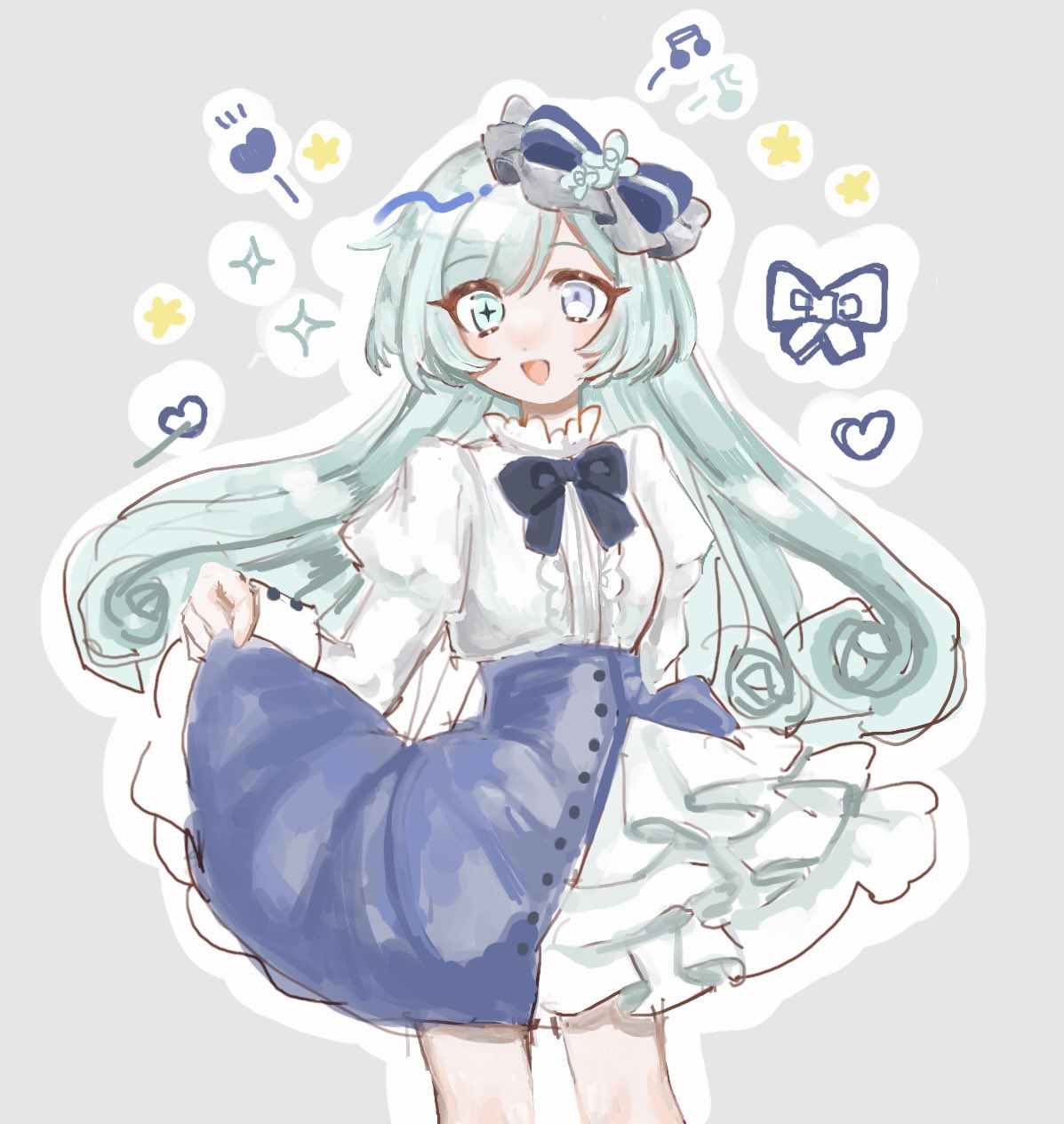 1girl, :d, bad_source, blue_dress, blue_eyes, blue_hair, clione_myosotis, clothes_lift