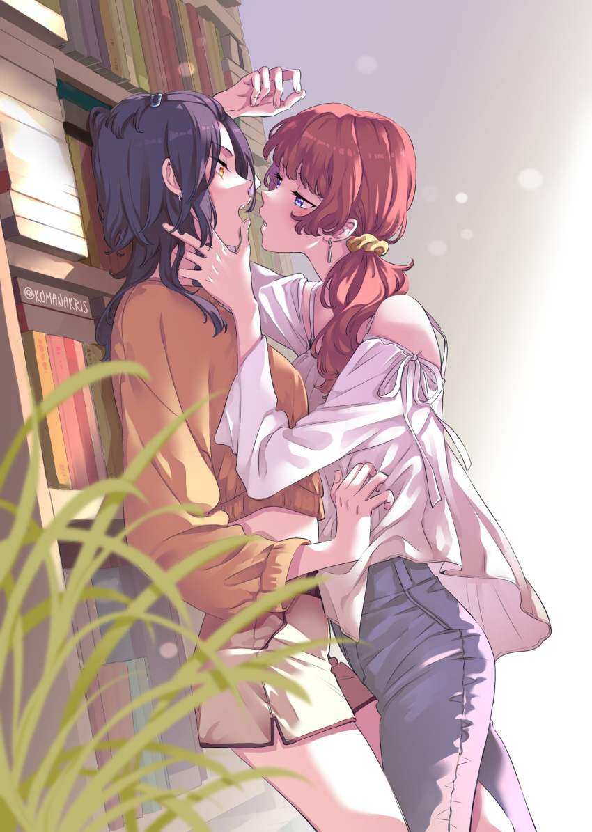 2girls, alter_ego_(manga), ana_c._sanchez, black_hair, blue_eyes, blue_pants, blurry, brown_hair, brown_sweater, crop_top, cropped_sweater, depth_of_field, dolphin_shorts, earrings, eye_contact, hair_ornament, hair_scrunchie, hairclip, hand_on_another's_cheek, hand_on_another's_face, highres, jewelry, june_lee, long_hair, looking_at_another, midriff, multiple_girls, noel_(alter_ego), off_shoulder, open_mouth, pants, parted_lips, plant, scrunchie, shirt, shorts, sweater, twitter_username, white_shirt, white_shorts, yellow_eyes, yellow_scrunchie, yuri