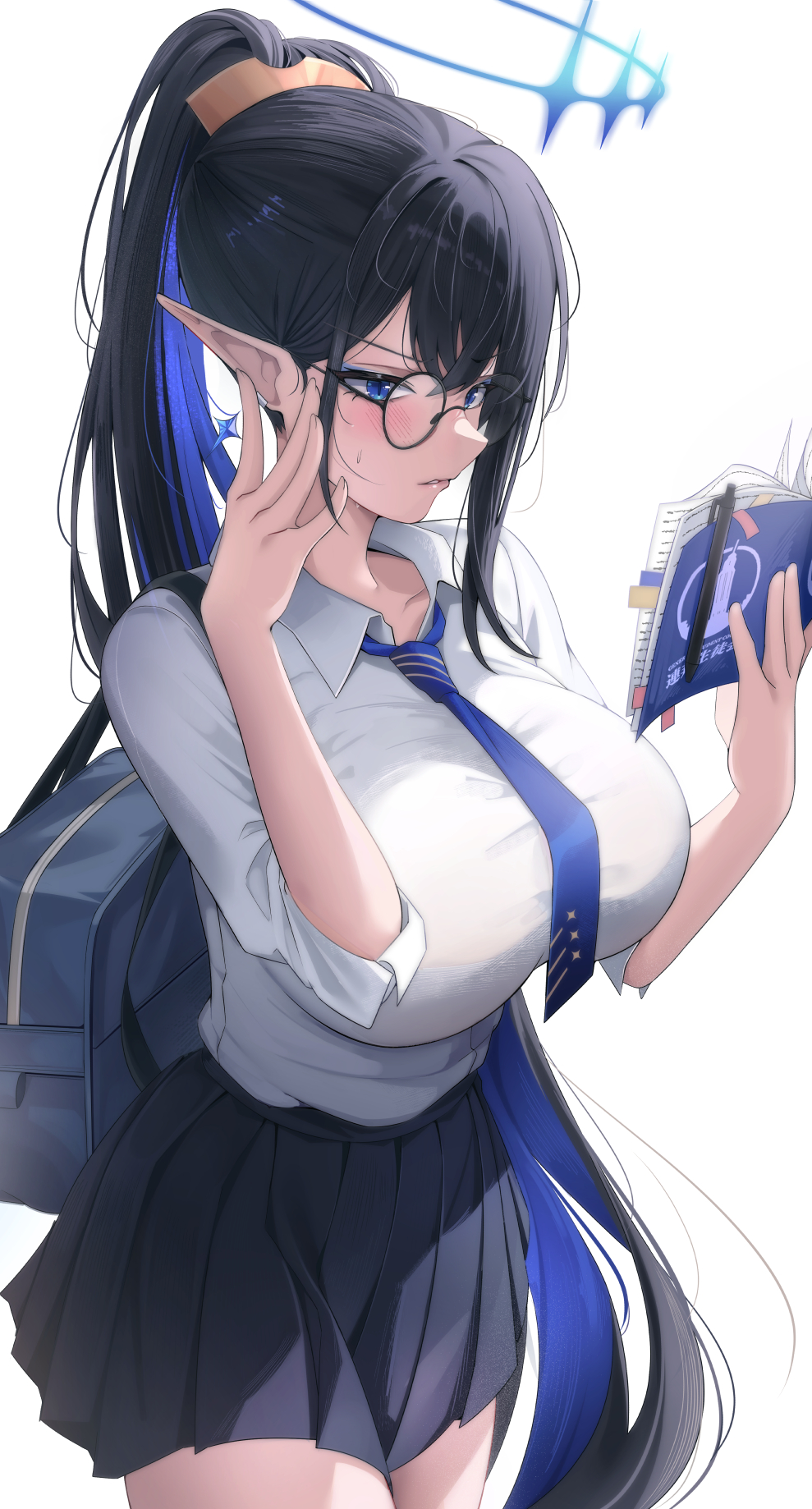 1girl, bag, black_hair, black_skirt, blue_archive, blue_eyes, blue_hair, blue_halo
