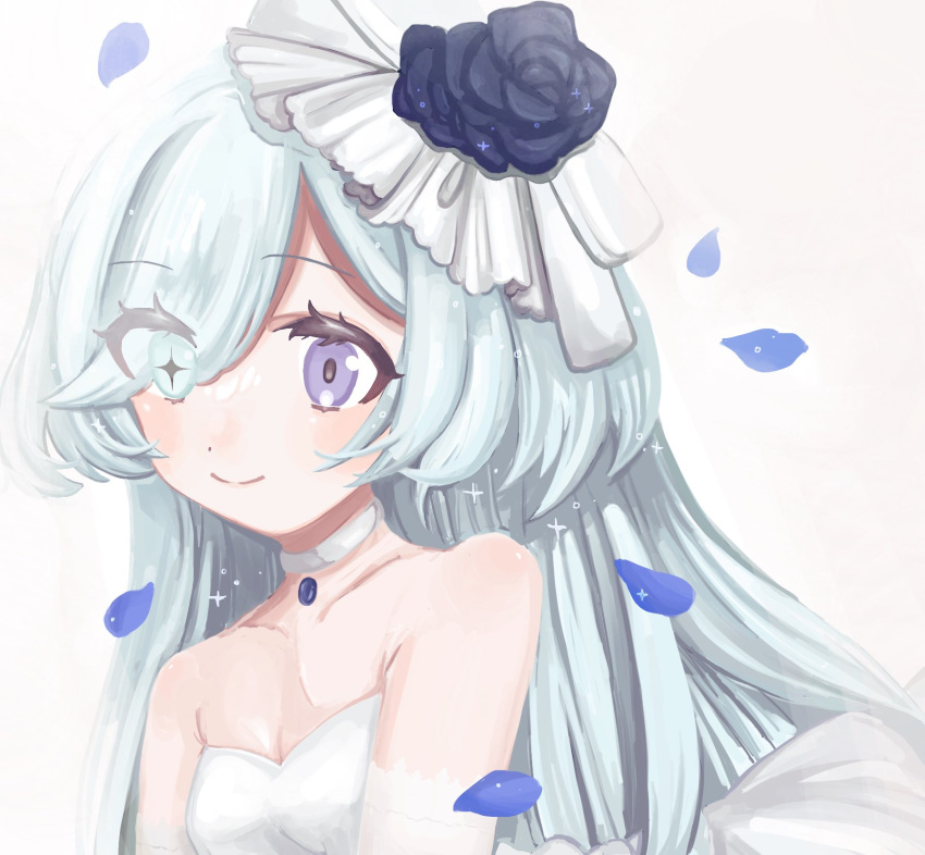 1girl, blue_eyes, blue_flower, blue_hair, blue_rose, clione_myosotis, dress, flower
