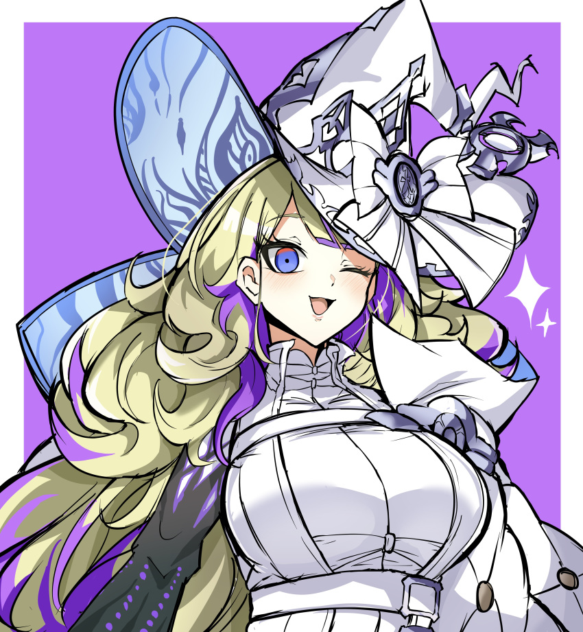 1girl, absurdres, asymmetrical_sleeves, blonde_hair, breasts, diabellze_of_the_original_sin, duel_monster, hat, highres, large_breasts, long_hair, mismatched_sleeves, multicolored_hair, one_eye_closed, open_mouth, purple_hair, solo, streaked_hair, synchroman, witch_hat, yu-gi-oh!