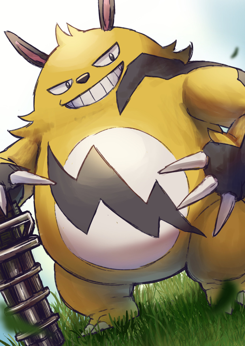 absurdres, claws, grass, grin, grizzbolt, highres, looking_at_viewer, no_humans, pal_(creature), palworld, reo_oil, simple_background, smile, solo, teeth, white_background