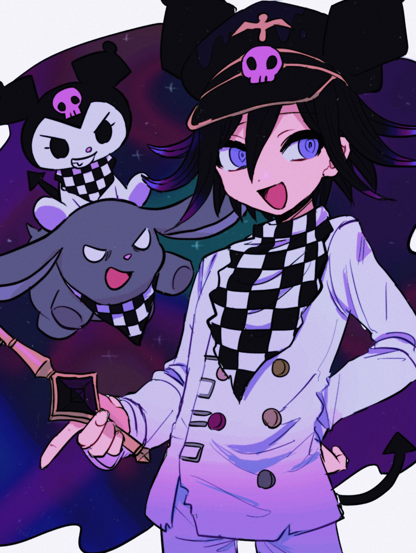 1boy, absurdres, black_hair, checkered_clothes, checkered_scarf, crossover, danganronpa_(series), danganronpa_v3:_killing_harmony, demon_tail, hair_between_eyes, hand_on_own_hip, hat, highres, kuromi, looking_to_the_side, male_focus, multicolored_hair, oma_kokichi, onegai_my_melody, open_mouth, purple_hair, ringed_eyes, sanrio, scarf, short_hair, solo_focus, standing, straitjacket, tail, two-tone_hair, upper_body, violet_eyes, ynyntai