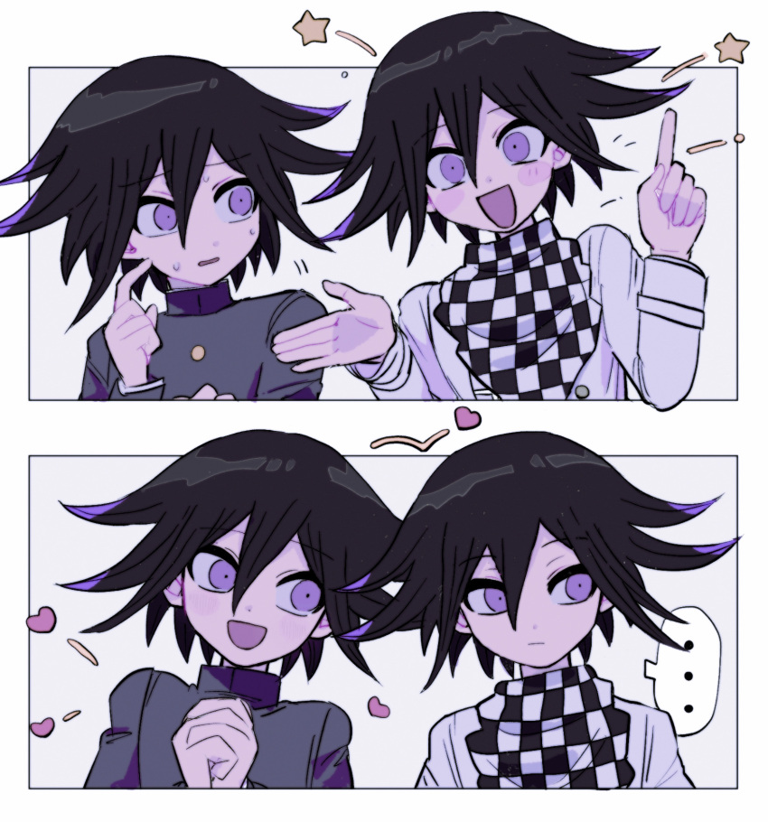 ..., 2boys, black_hair, checkered_clothes, checkered_scarf, danganronpa_(series), danganronpa_v3:_killing_harmony, finger_to_cheek, hair_between_eyes, heart, highres, looking_at_another, looking_at_viewer, looking_to_the_side, male_focus, multicolored_hair, multiple_boys, multiple_persona, oma_kokichi, open_mouth, own_hands_together, pointing, pointing_up, purple_hair, scarf, school_uniform, short_hair, speech_bubble, spoken_ellipsis, star_(symbol), straitjacket, sweat, two-tone_hair, upper_body, violet_eyes, white_background, wide-eyed, ynyntai