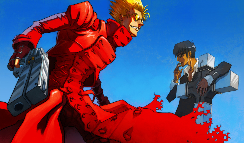 2boys, adreean, black_hair, black_jacket, blonde_hair, blue_sky, cigarette, coat