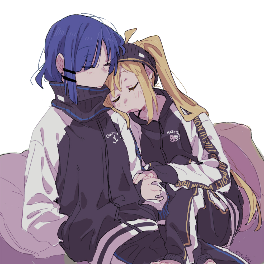 2girls, ahoge, barefoot, black_headband, black_jacket, blonde_hair, blue_hair, bocchi_the_rock!