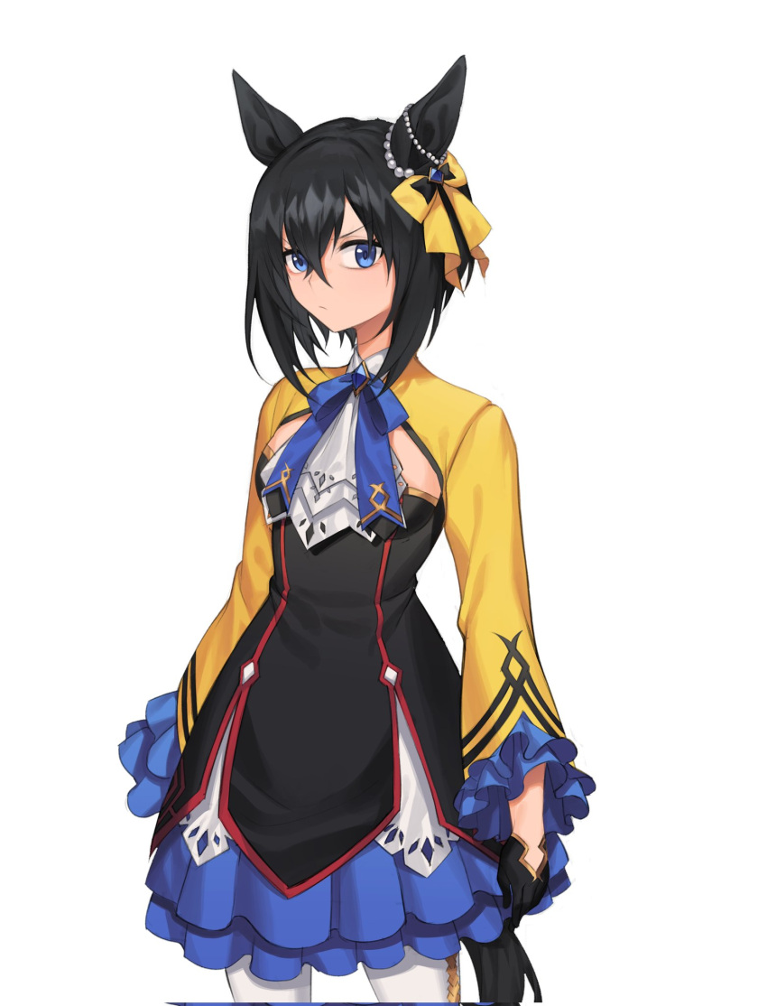 1girl, animal_ears, black_hair, blue_eyes, blue_ribbon, bow, commentary, cowboy_shot, dance_in_the_mood_(racehorse), dress, ear_bow, ear_ornament, frilled_sleeves, frills, fukuro_(maruaru00), gem, hair_between_eyes, highres, horse_ears, layered_dress, long_sleeves, looking_at_viewer, neck_ribbon, original, pearl_(gemstone), personification, ribbon, short_hair, sideways_glance, simple_background, solo, umamusume, white_background, yellow_bow