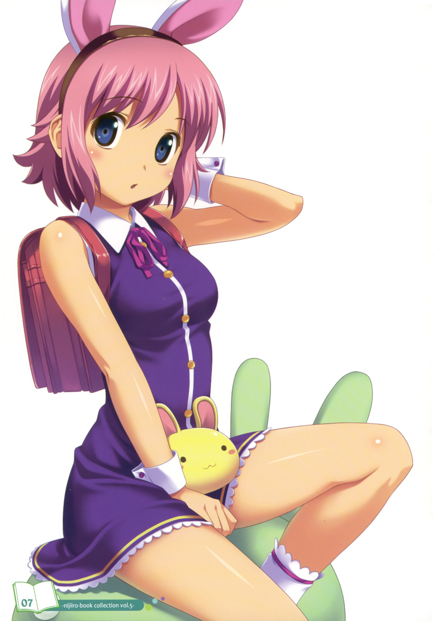 animal_ears, backpack, bag, between_legs, blue_eyes, blush, bunny, bunny_ears
