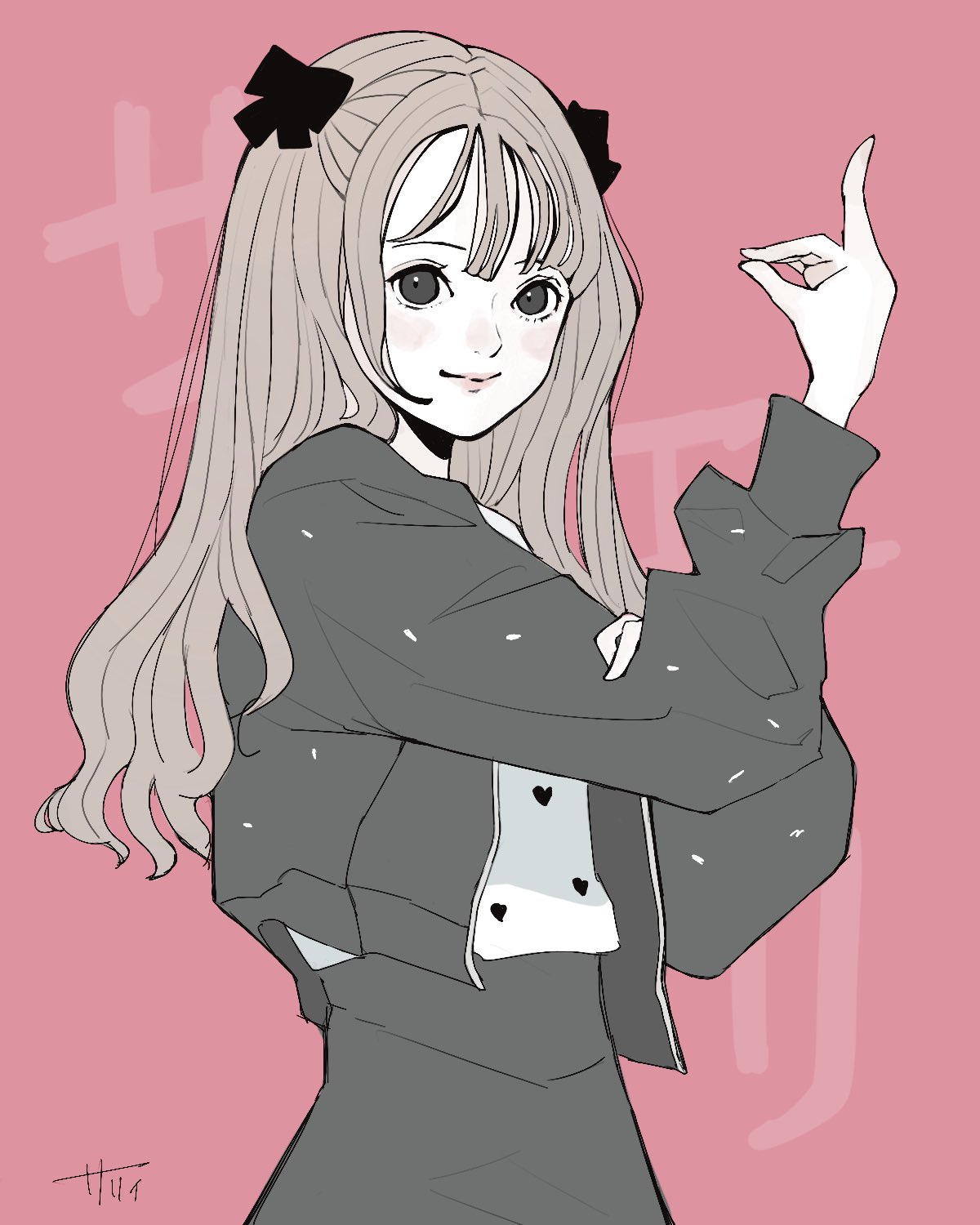 1girl, actor, arm_up, artist_name, black_bow, black_eyes, black_jacket, black_skirt