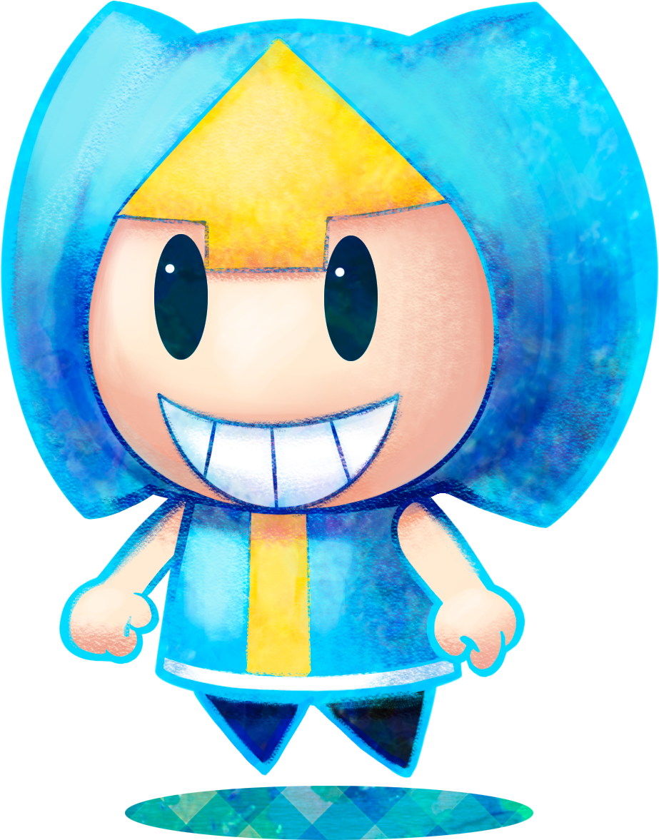 arrow_print, artist_request, bare_arms, black_eyes, black_pants, blue_hood, blue_outline, blue_pi'illo, blue_tunic, gender_request, grin, looking_ahead, mario_&amp;_luigi:_dream_team, mario_&amp;_luigi_rpg, official_art, outline, pants, pillow, single_stripe, smile, solid_oval_eyes, solo, striped_clothes, super_mario_bros., tile_floor, tiles, transparent_background, vertical-striped_clothes