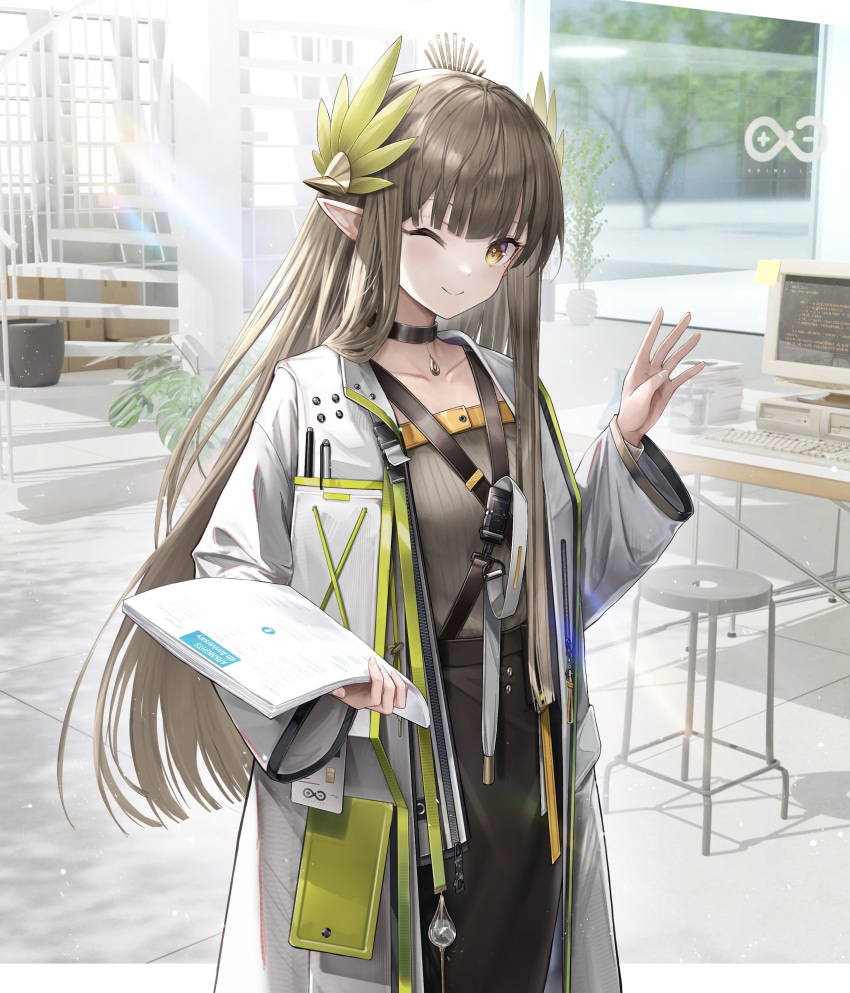 1girl, ;), absurdres, amanun, arknights, arm_up, black_choker, black_skirt