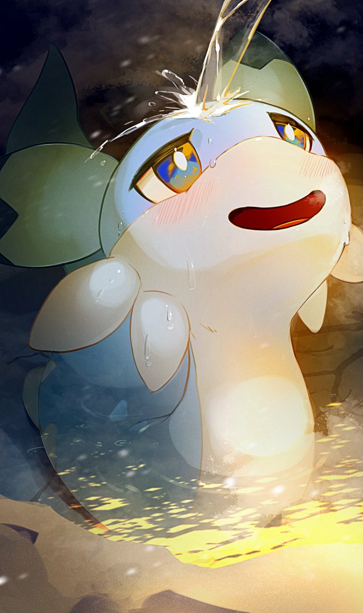 bathing, blue_eyes, blush, chillet, highres, in_water, looking_up, motoiwork, no_humans, open_mouth, pal_(creature), palworld, partially_submerged, solo, water, waterfall_shower