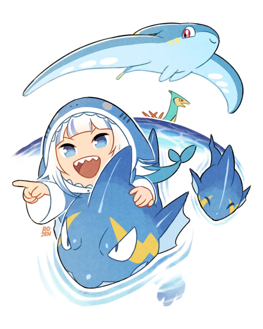 1girl, absurdres, animal_hood, artist_name, blue_eyes, blue_hair, blue_hoodie, celaray, closed_eyes, crossover, fins, fish_tail, gawr_gura, gawr_gura_(1st_costume), gobfin, highres, hololive, hololive_english, hood, hoodie, multicolored_hair, open_mouth, pal_(creature), palworld, pointing, red_eyes, rojen, shark_girl, shark_hood, shark_tail, streaked_hair, surfent, tail, teeth, upper_teeth_only, virtual_youtuber, white_hair