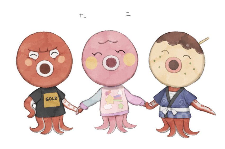 1girl, 2boys, :o, ^_^, animal_crossing, bandages, black_shirt, blush