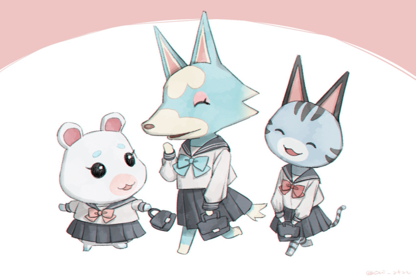 3girls, :3, ^_^, animal_crossing, aqua_bow, aqua_bowtie, artist_name, bag