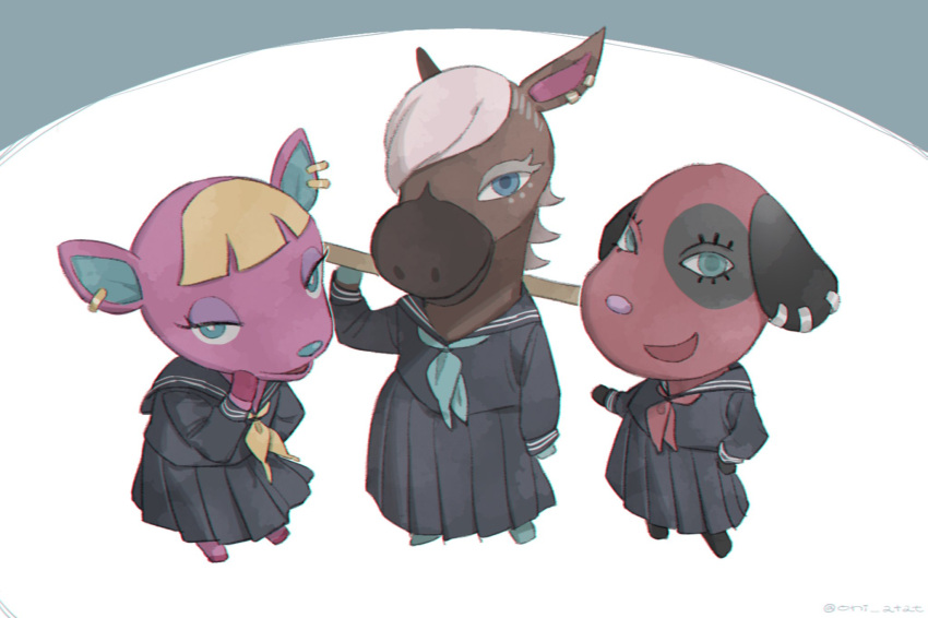 3girls, :d, animal_crossing, animal_ear_piercing, aqua_eyes, aqua_neckerchief, artist_name, black_sailor_collar, black_serafuku, black_shirt, black_skirt, blonde_hair, blue_eyes, bright_pupils, cherry_(animal_crossing), closed_mouth, commentary_request, deer_girl, dog_girl, ear_piercing, eyelashes, fuchsia_(animal_crossing), furry, furry_female, grey_background, hand_on_own_hip, hand_up, highres, holding, holding_stick, horse_girl, kaji_(oni_atat), long_sleeves, looking_at_viewer, multiple_girls, neckerchief, open_mouth, piercing, pleated_skirt, red_neckerchief, reneigh_(animal_crossing), sailor_collar, school_uniform, serafuku, shirt, simple_background, skirt, smile, stick, twitter_username, two-tone_background, white_background, white_hair, white_pupils, yellow_neckerchief