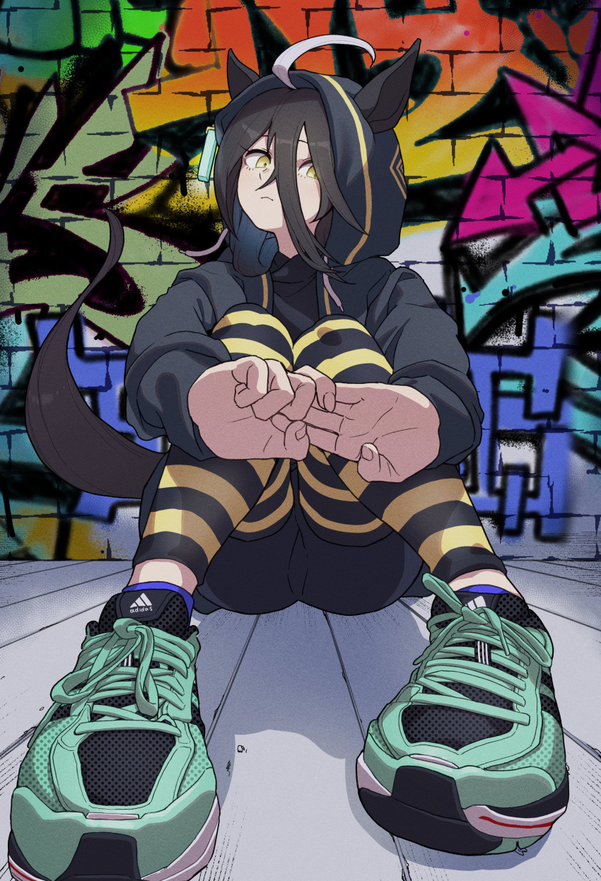 1girl, absurdres, adidas, against_wall, ahoge, animal_ears, black_eyeliner, black_hair