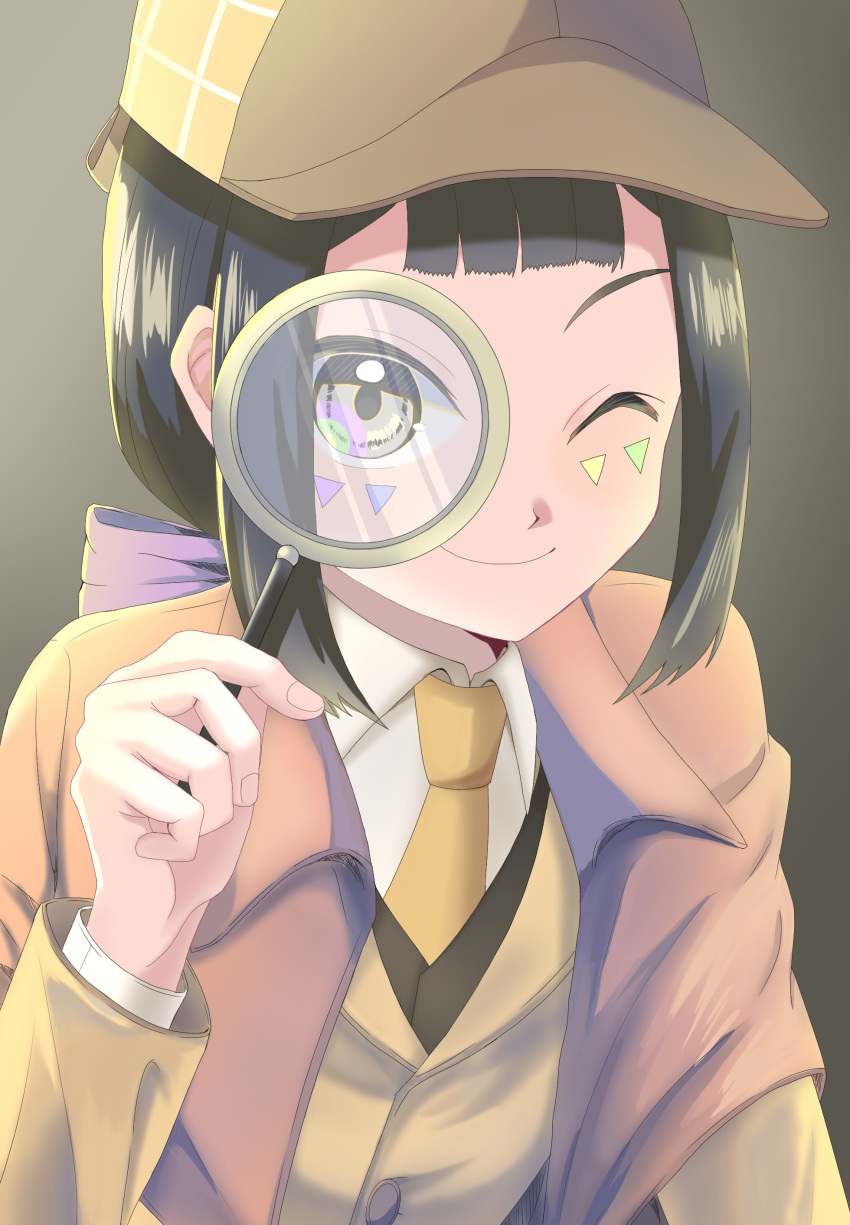 1girl, absurdres, beyblade, beyblade_x, black_hair, closed_eyes, detective, facepaint