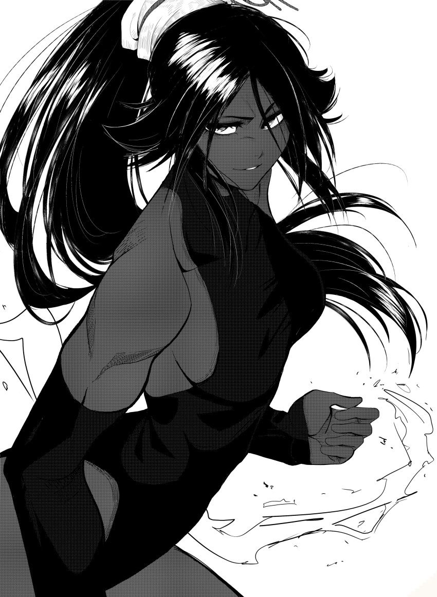 1girl, absurdres, bare_shoulders, black_hair, black_leotard, black_sleeves, bleach, breasts