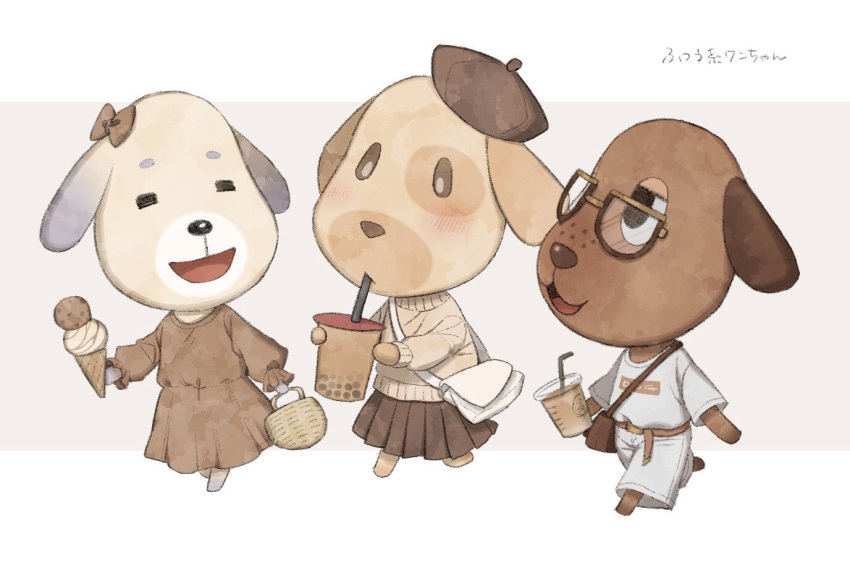 3girls, :d, animal_crossing, bag, basket, bea_(animal_crossing), belt, beret