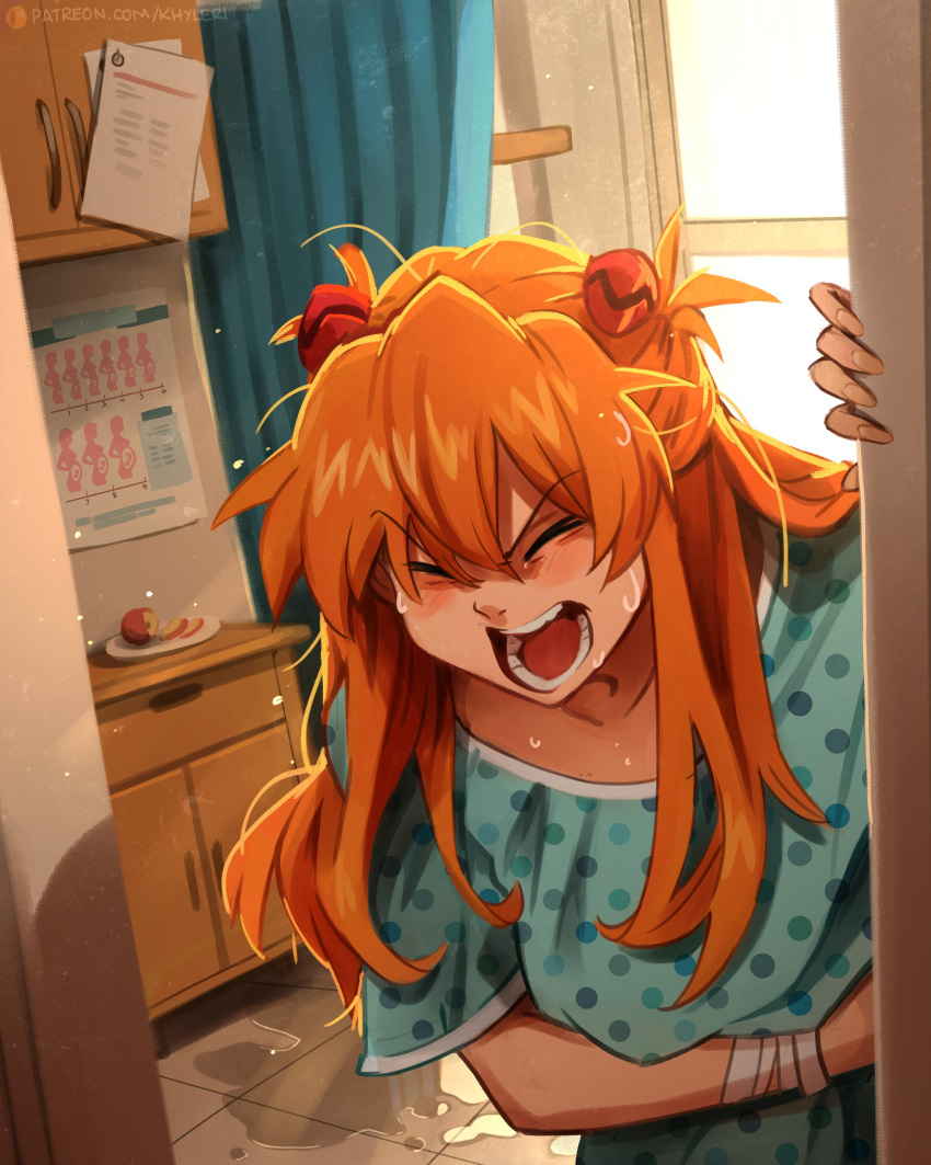 1girl, ^_^, absurdres, apple, aqua_shirt, bandages, blush, closed_eyes