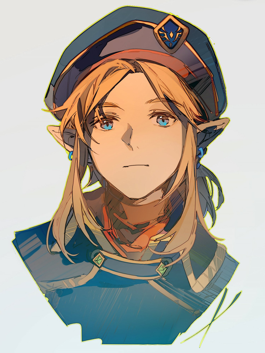1boy, blonde_hair, blue_eyes, closed_mouth, earrings, grey_background, hat, highres