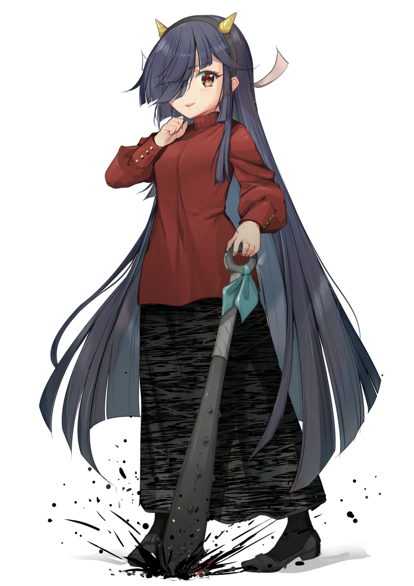 1girl, absurdres, animal_print, black_hair, black_skirt, brown_eyes, club_(weapon), cone_horns