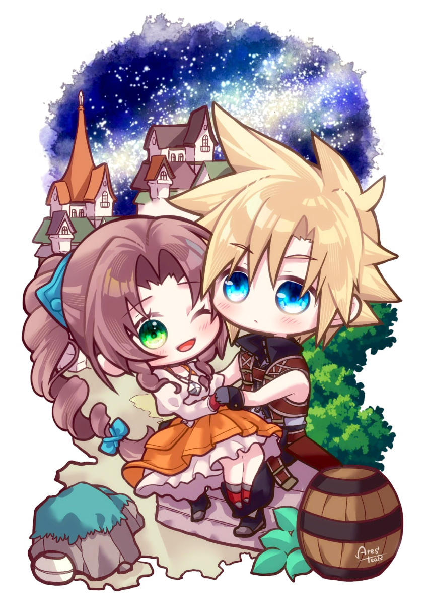 1boy, 1girl, aerith_gainsborough, aerith_gainsborough_(garnet's_gown), aqua_ribbon, arestear0701, artist_name, barrel, black_footwear, black_gloves, black_pants, black_vest, blonde_hair, blue_eyes, blush, boots, border, braid, braided_ponytail, breasts, brown_hair, building, chibi, cloud_strife, cloud_strife_(zidane's_outfit), cosplay, crystal, dress, final_fantasy, final_fantasy_ix, final_fantasy_vii, final_fantasy_vii_ever_crisis, final_fantasy_vii_remake, frilled_dress, frills, full_body, garnet_til_alexandros_xvii, garnet_til_alexandros_xvii_(cosplay), gloves, green_eyes, hair_between_eyes, hair_ribbon, hair_tie, hetero, highres, holding_hands, jewelry, juliet_sleeves, long_hair, long_sleeves, medium_breasts, night, night_sky, official_alternate_costume, one_eye_closed, open_mouth, orange_dress, outdoors, pants, parted_bangs, pendant, puffy_sleeves, red_footwear, ribbon, sheath, shirt, short_hair, sidelocks, single_braid, sky, smile, spiky_hair, star_(sky), starry_sky, town, vest, wavy_hair, white_border, white_shirt, zidane_tribal, zidane_tribal_(cosplay)