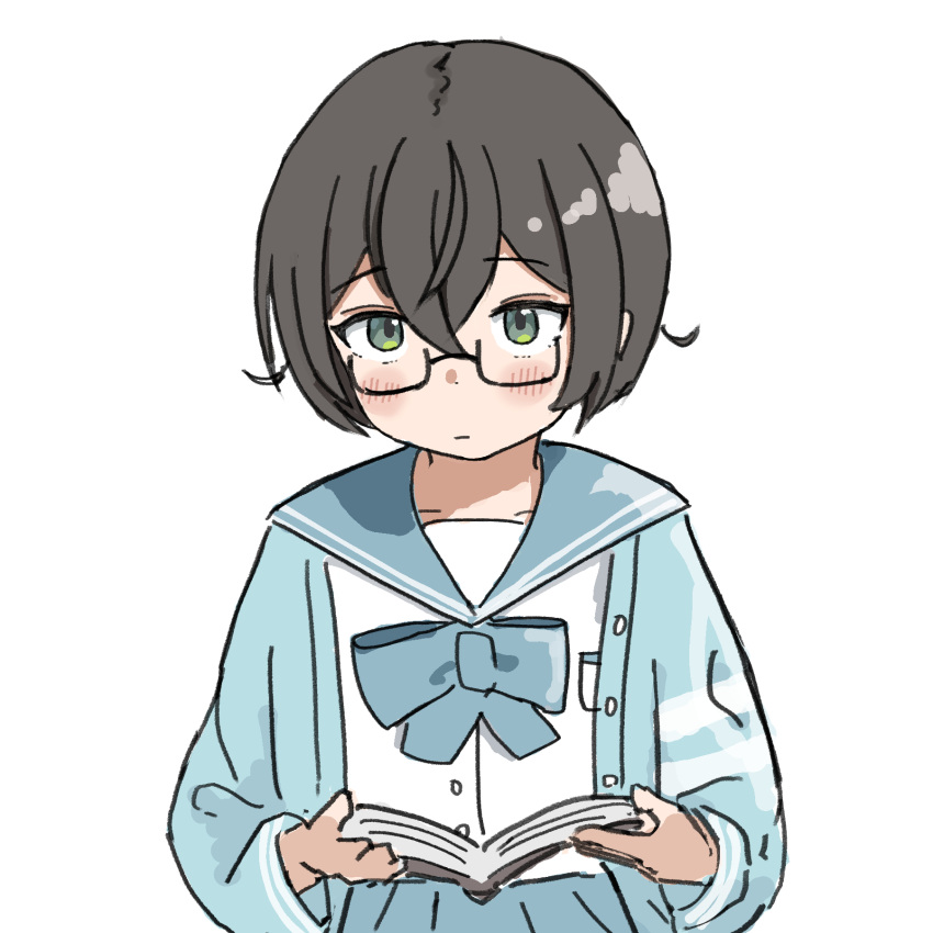 1girl, alternate_hairstyle, aqua_jacket, black-framed_eyewear, black_hair, blue_ribbon, blue_sailor_collar, blue_skirt