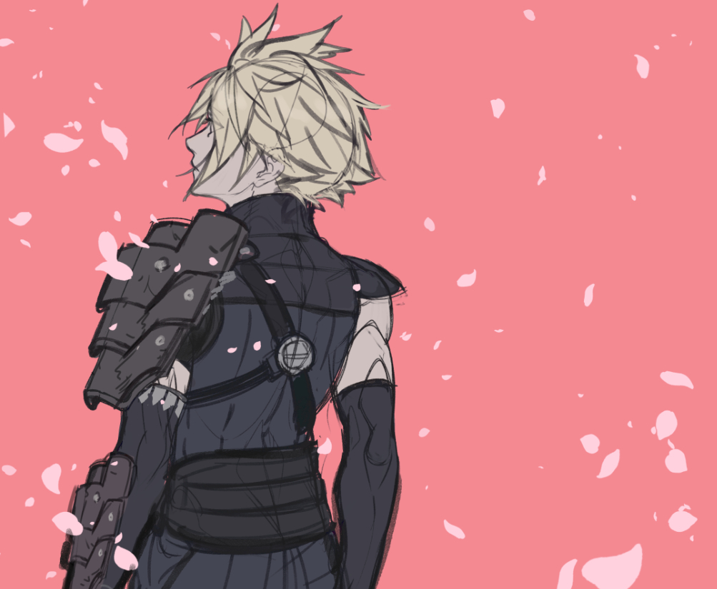 1boy, armor, belt, black_gloves, black_skirt, blonde_hair, cherry_blossoms, cloud_strife
