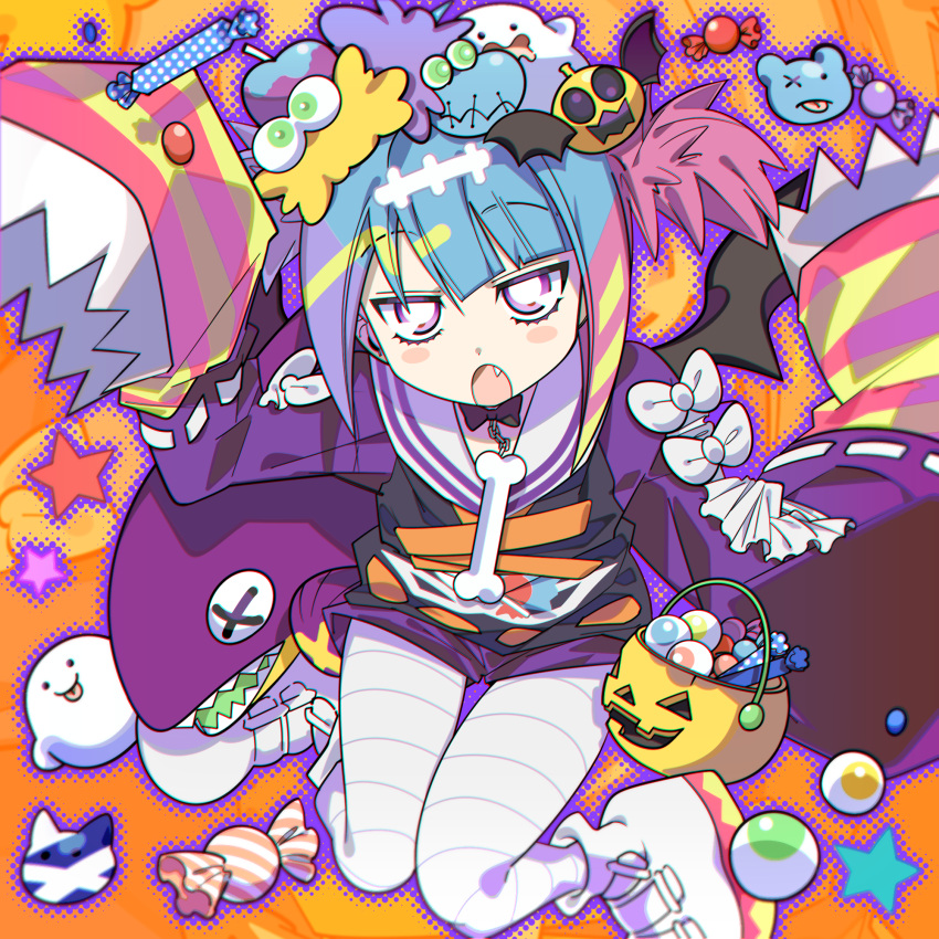 1girl, blue_hair, blush_stickers, bow, candy, cartoon_bone, duel_monster, fang, food, from_above, halloween, halloween_bucket, highres, jack-o'-lantern, lil-la_(yu-gi-oh!), live_twin_lil-la_treat, looking_at_viewer, misaka_(missa), multicolored_hair, open_mouth, pink_hair, purple_hair, shoes, short_twintails, sleeves_past_fingers, sleeves_past_wrists, solo, twintails, violet_eyes, yu-gi-oh!