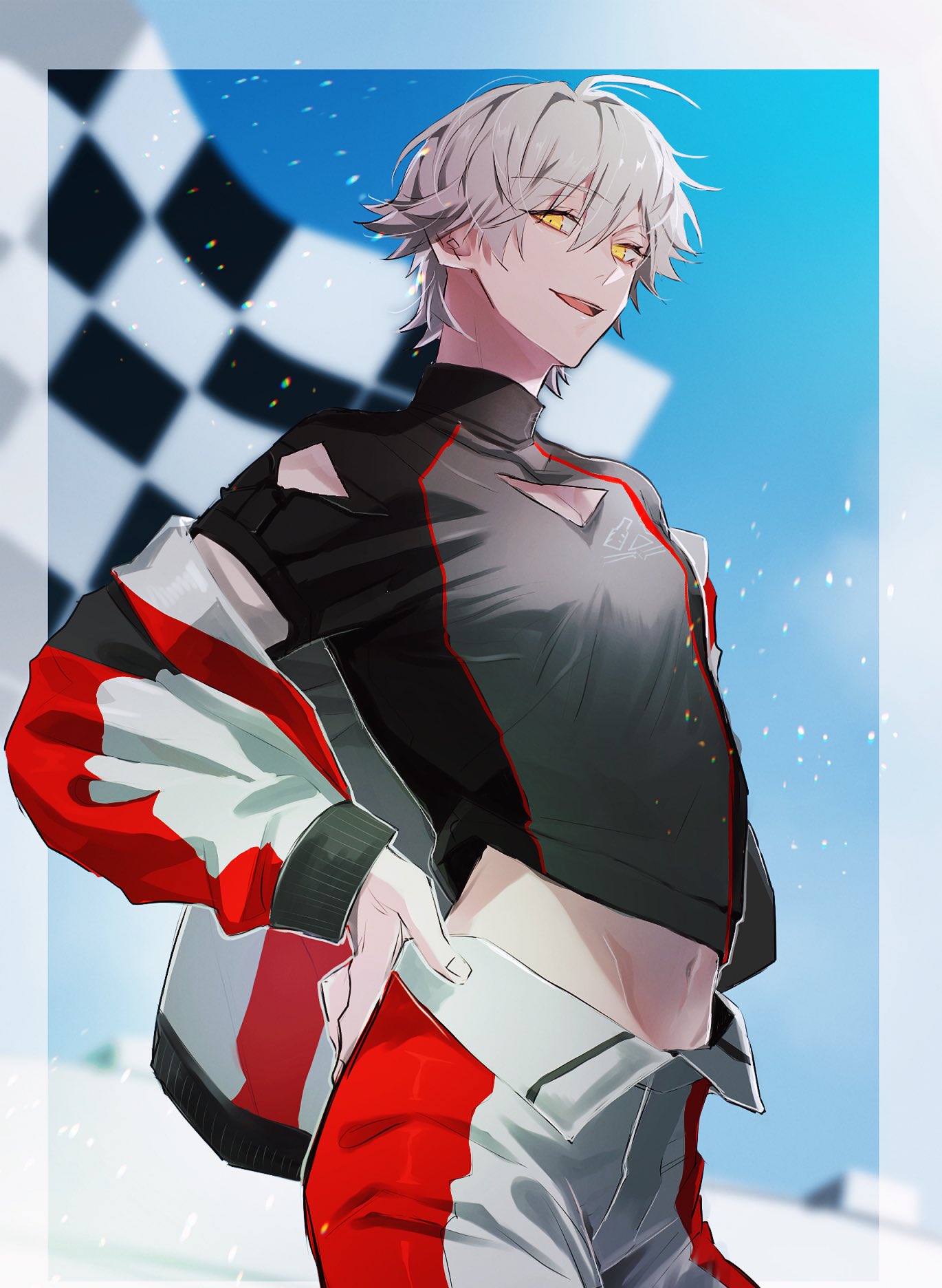1boy, black_shirt, blue_sky, blurry, blurry_background, caelus_(honkai:_star_rail), clothing_cutout, commentary_request