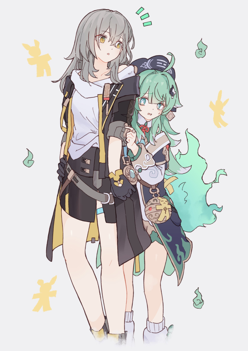 2girls, :o, absurdres, ahoge, black_footwear, black_gloves, black_headwear, black_jacket