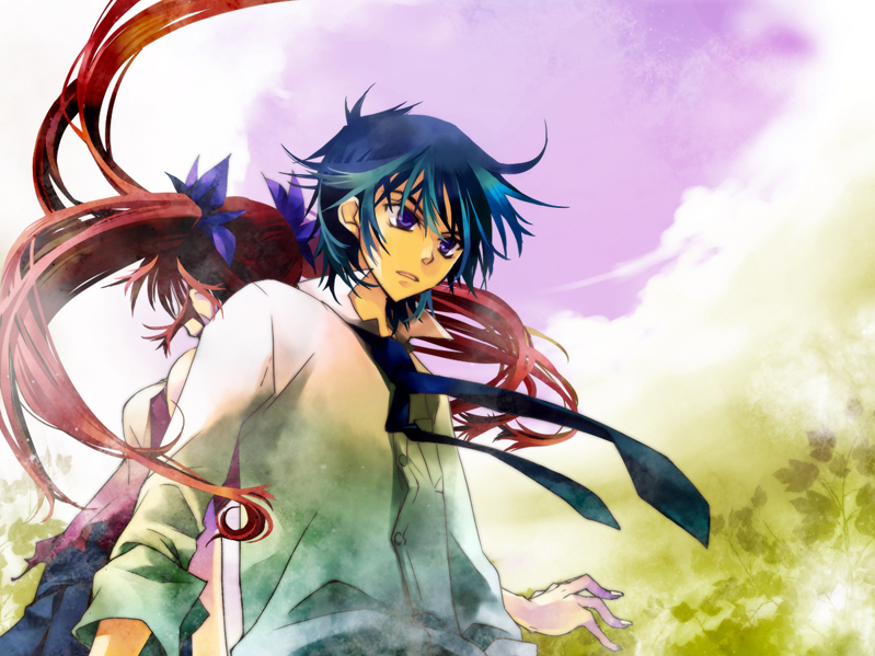 1boy, 1girl, blue_eyes, blue_hair, cloud, couple, day, dress